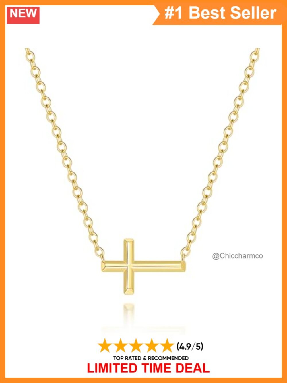 14k Gold Plated Sideways Cross Pendant Necklace Adjustable Chain Women